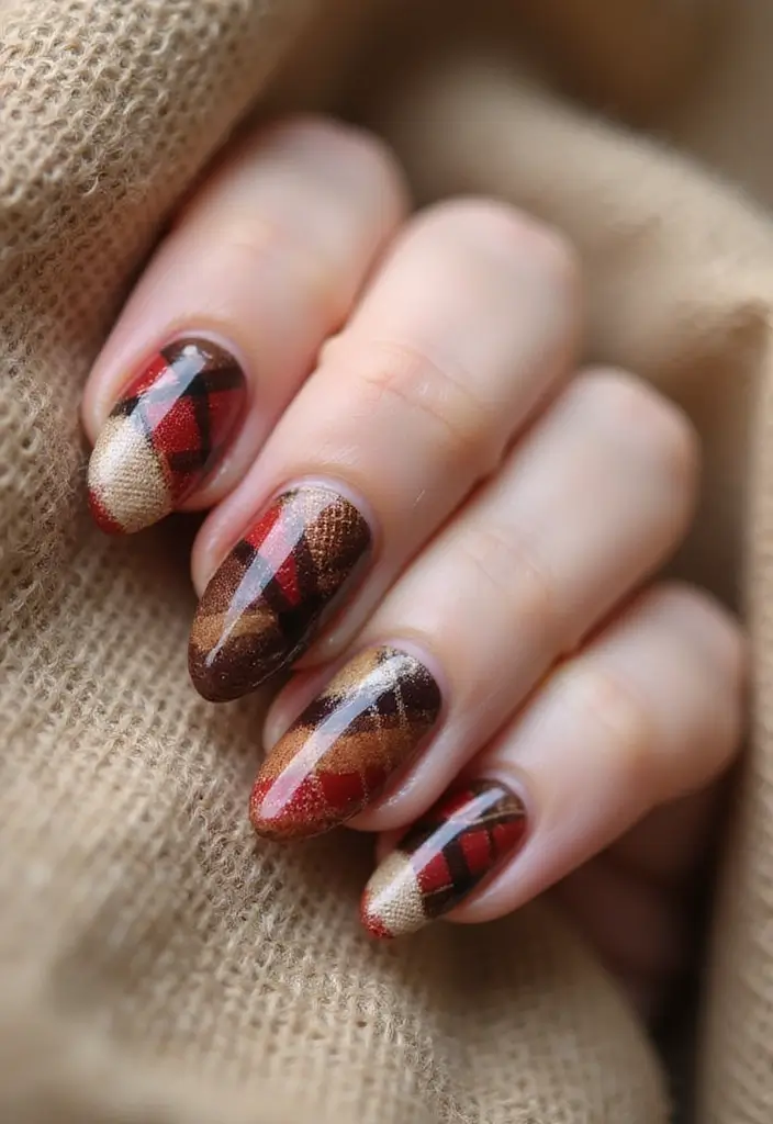 32 Creative Plaid French Tip Looks for Fall - 10. Rustic Plaid Patchwork