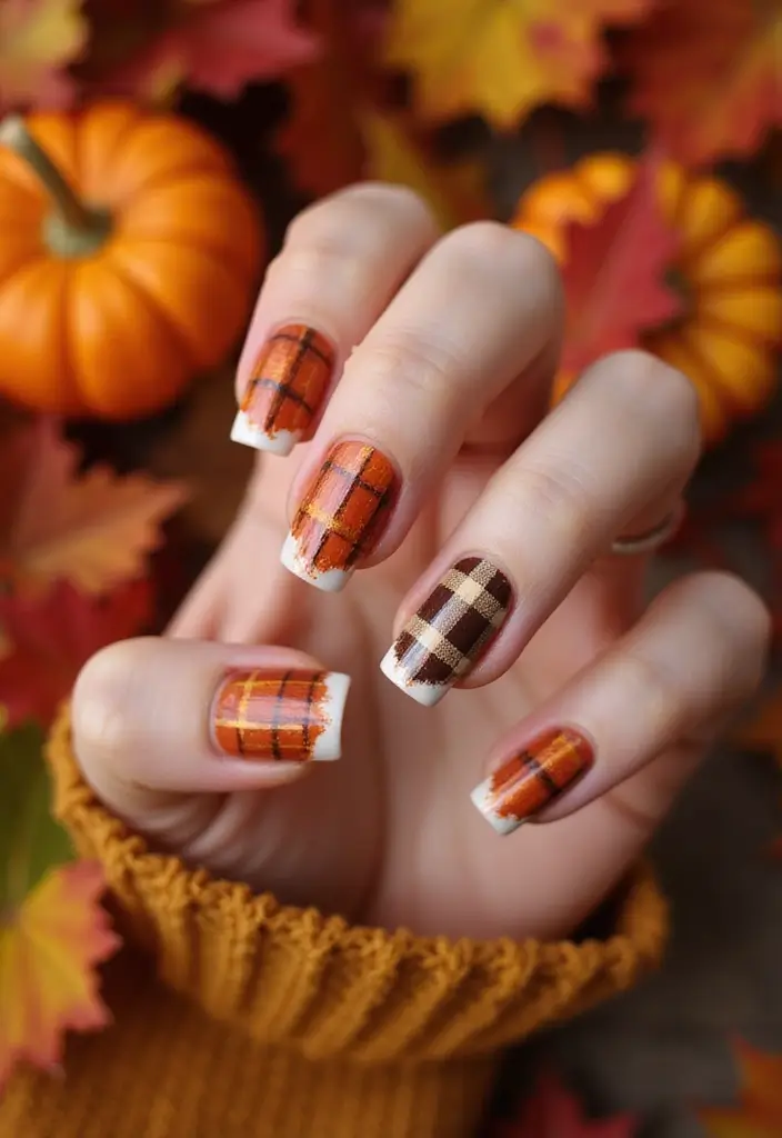 32 Creative Plaid French Tip Looks for Fall - 11. Pumpkin Spice Plaid