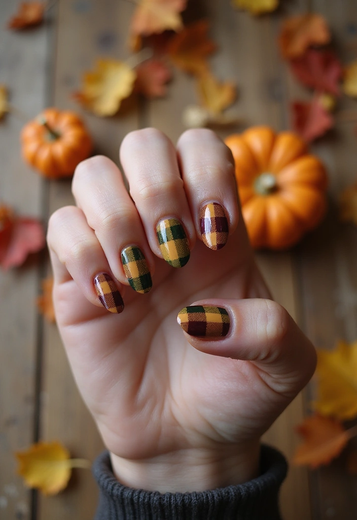 32 Creative Plaid French Tip Looks for Fall - 12. Thanksgiving Plaid