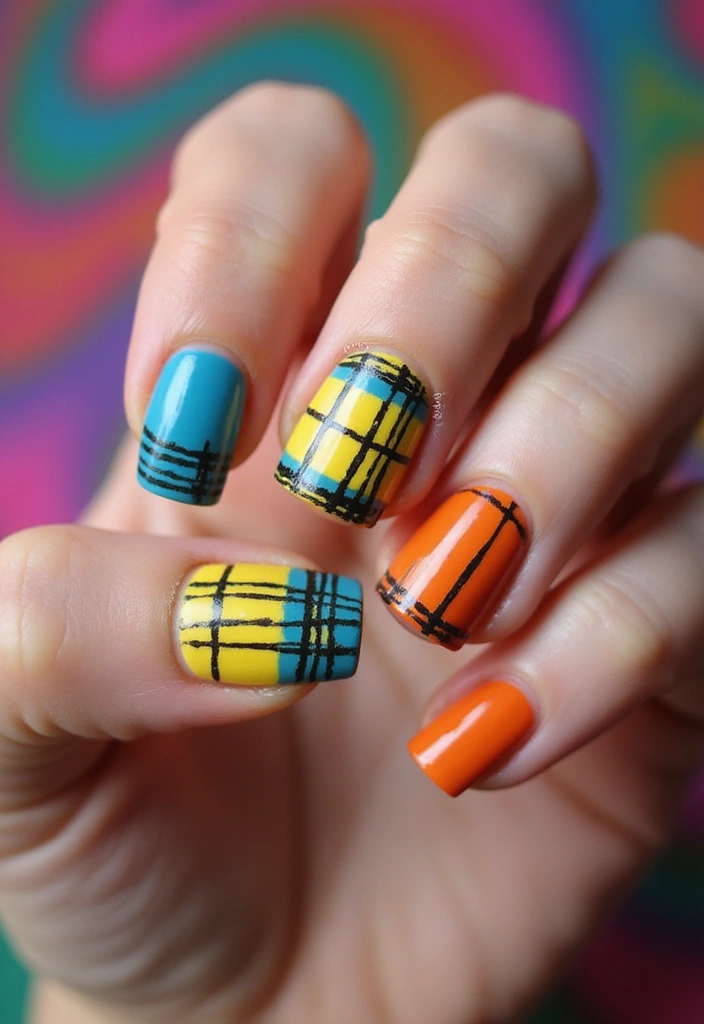 32 Creative Plaid French Tip Looks for Fall - 13. Retro 70s Plaid