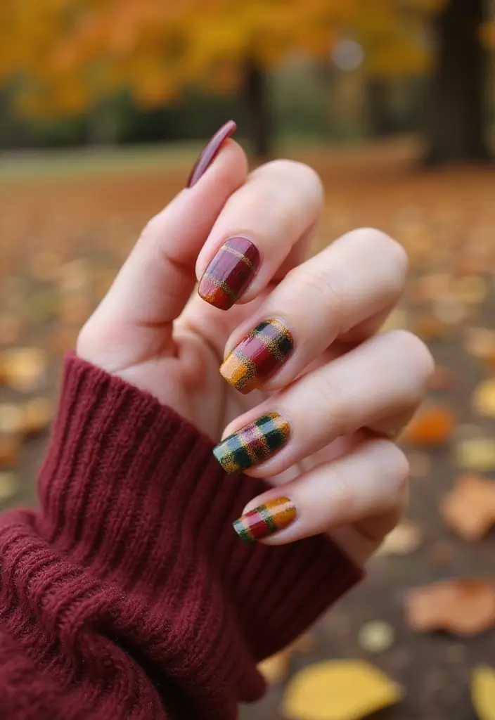 32 Creative Plaid French Tip Looks for Fall - 19. Nature-Inspired Plaid