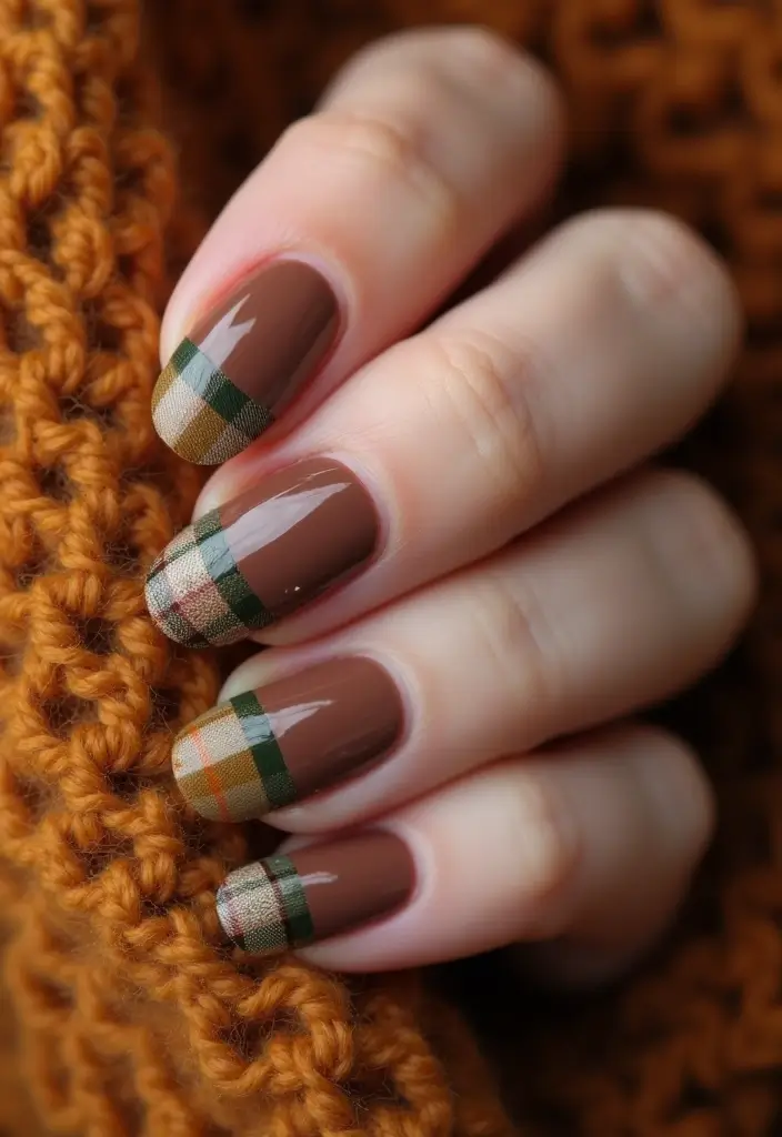 32 Creative Plaid French Tip Looks for Fall - 2. Cozy Earth Tone Plaid