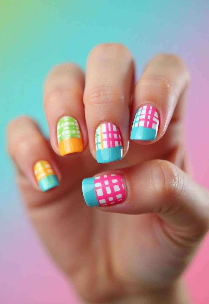 32 Creative Plaid French Tip Looks for Fall - 20. Fun and Funky Color Block Plaid