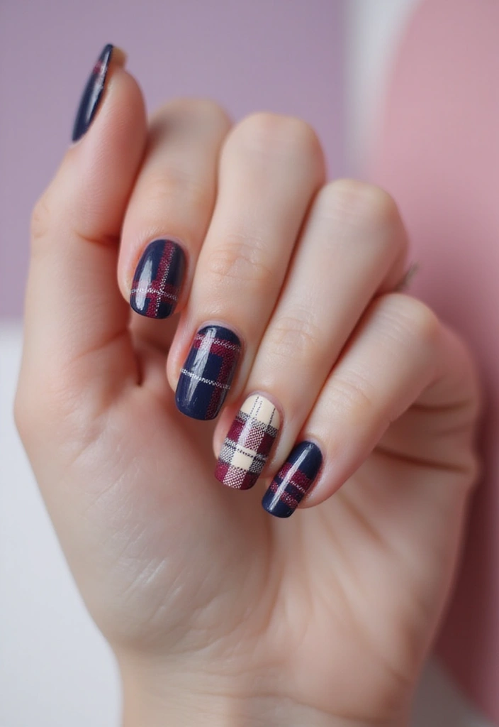 32 Creative Plaid French Tip Looks for Fall - 21. Artistic Plaid Abstract