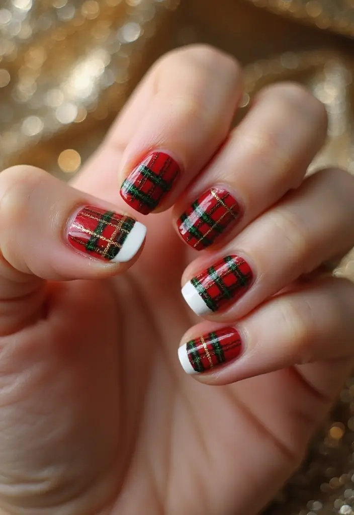 32 Creative Plaid French Tip Looks for Fall - 22. Holiday Plaid