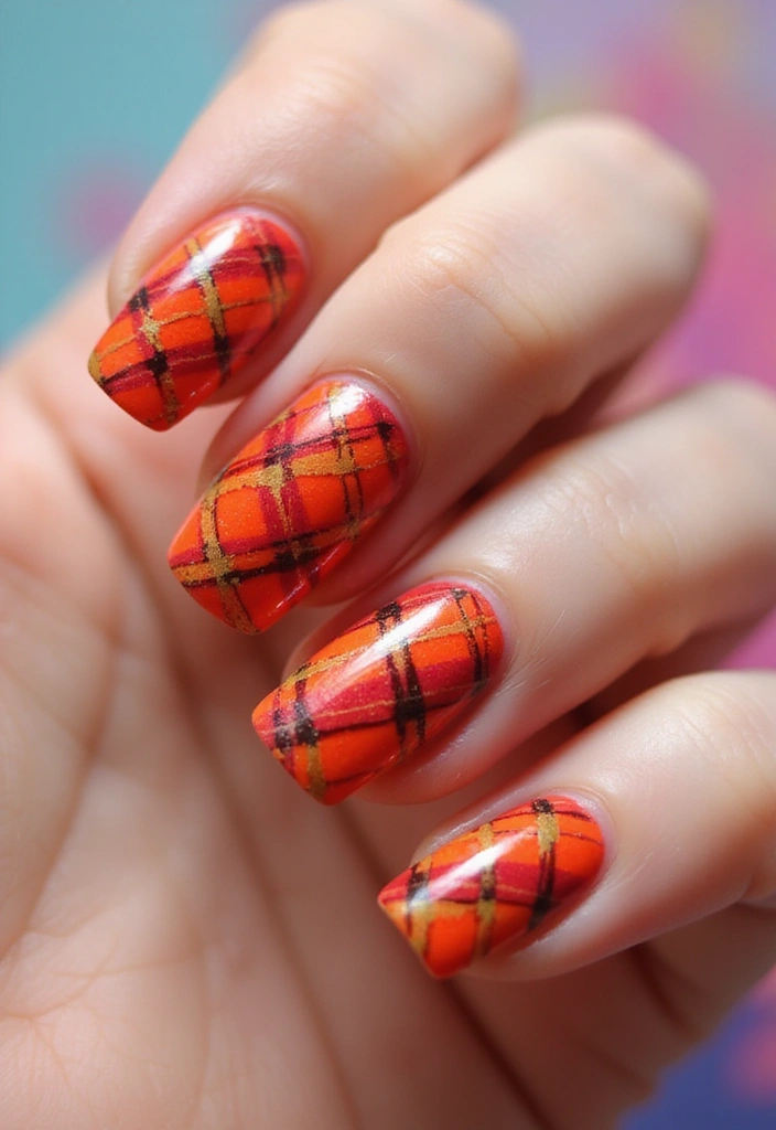 32 Creative Plaid French Tip Looks for Fall - 27. Fiery Plaid