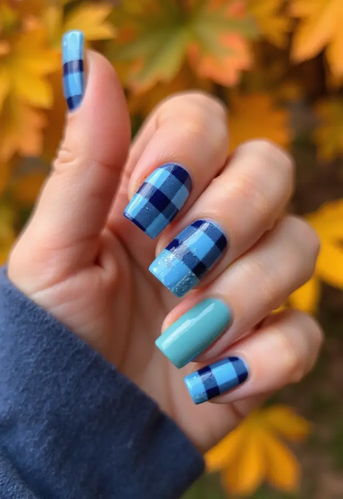 32 Creative Plaid French Tip Looks for Fall - 3. Vibrant Blue Plaid Delight