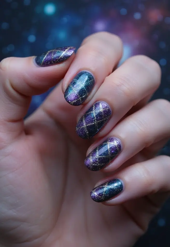 32 Creative Plaid French Tip Looks for Fall - 32. Cosmic Plaid