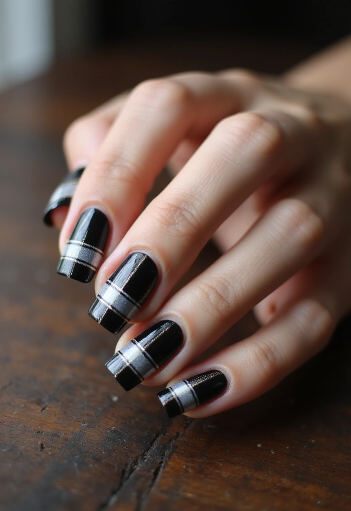 32 Creative Plaid French Tip Looks for Fall - 4. Chic Black and White Plaid