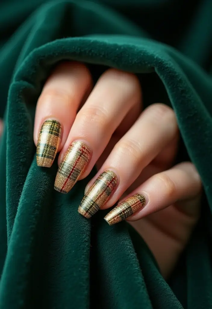 32 Creative Plaid French Tip Looks for Fall - 7. Golden Glitter Plaid