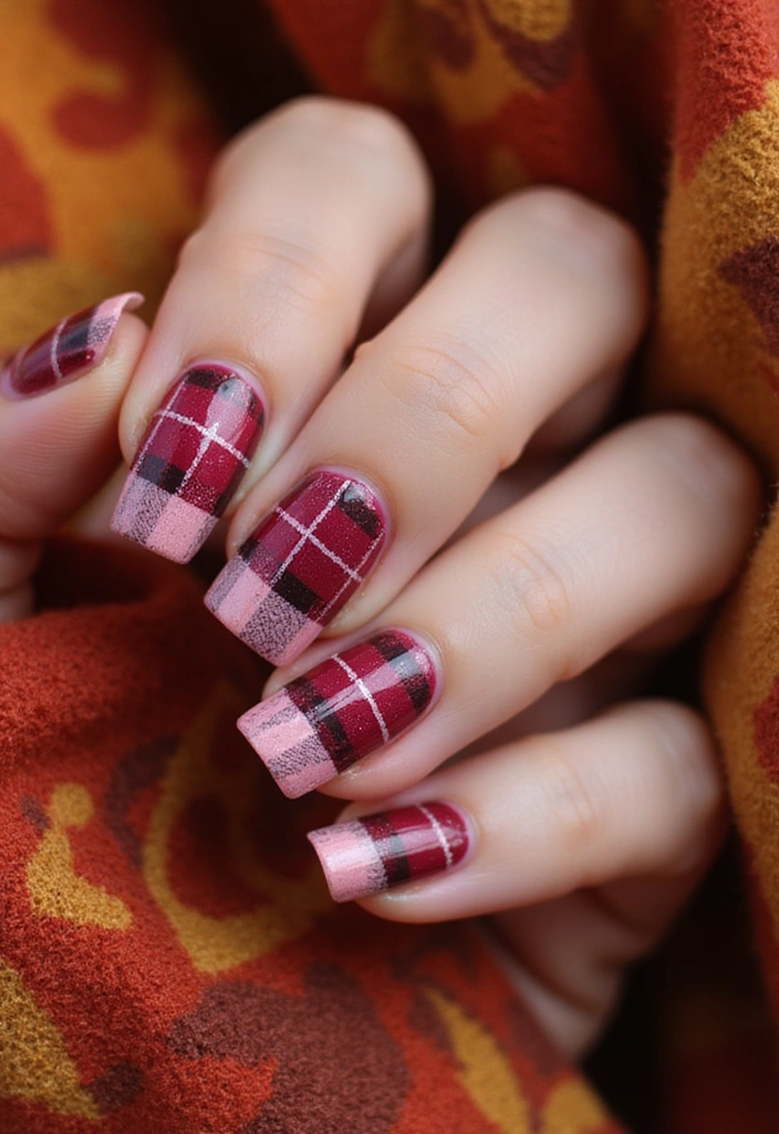 32 Creative Plaid French Tip Looks for Fall - 9. Berry Sweet Plaid