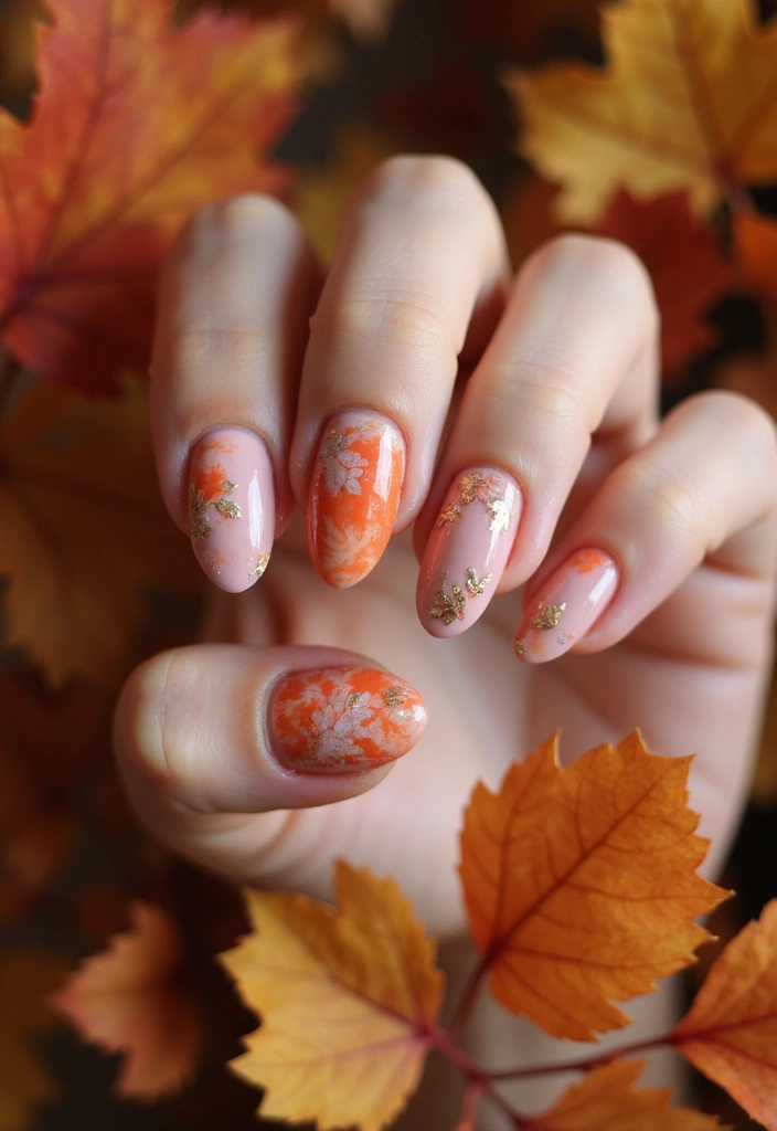 32 Magical Marble Designs for a Harvest Moon Look - 11. Blushing Fall Leaves