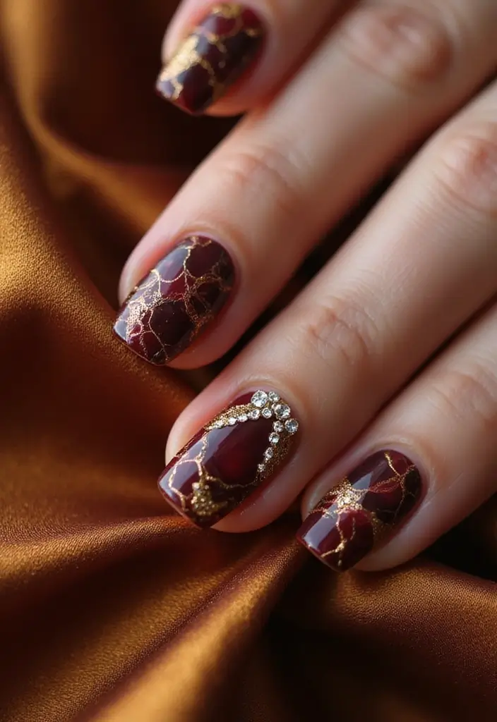 32 Magical Marble Designs for a Harvest Moon Look - 26. Burgundy and Gold Opulence