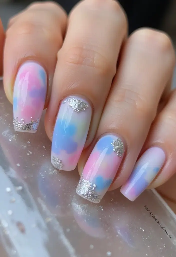 32 Step-by-Step Watercolor Nail Art You Can Do At Home - 14. Glitter Watercolor
