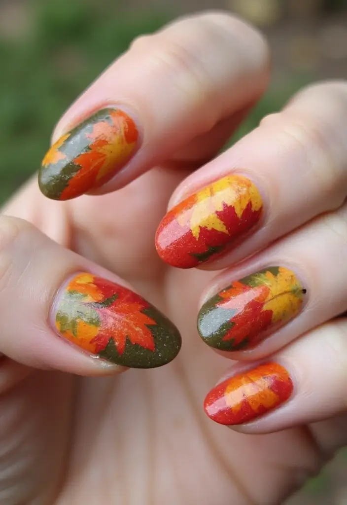 32 Step-by-Step Watercolor Nail Art You Can Do At Home - 18. Seasonal Leaves