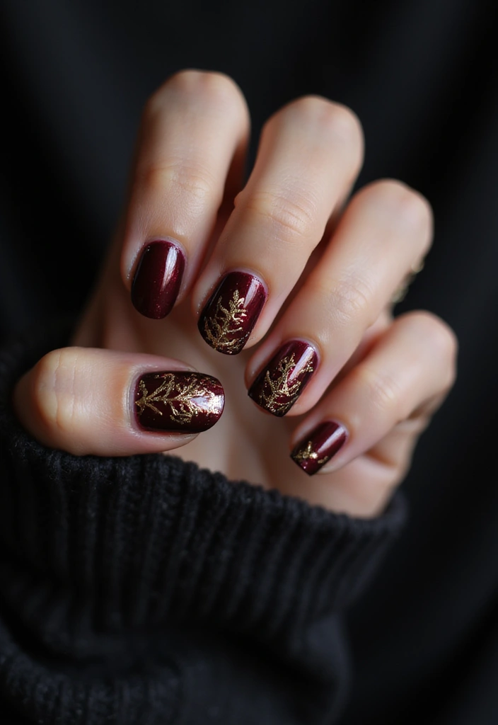 33 Metallic Snowstorm Manicures to Shine All Winter - 12. Elegant Burgundy and Gold