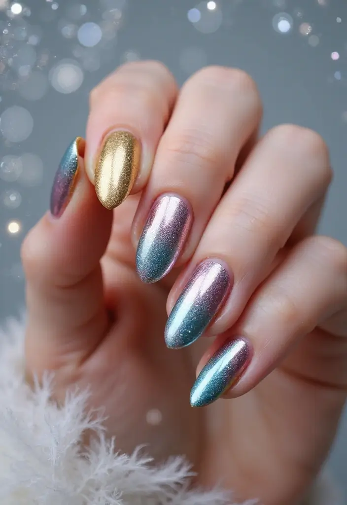 33 Metallic Snowstorm Manicures to Shine All Winter - 14. Festive Multicolor Metallics