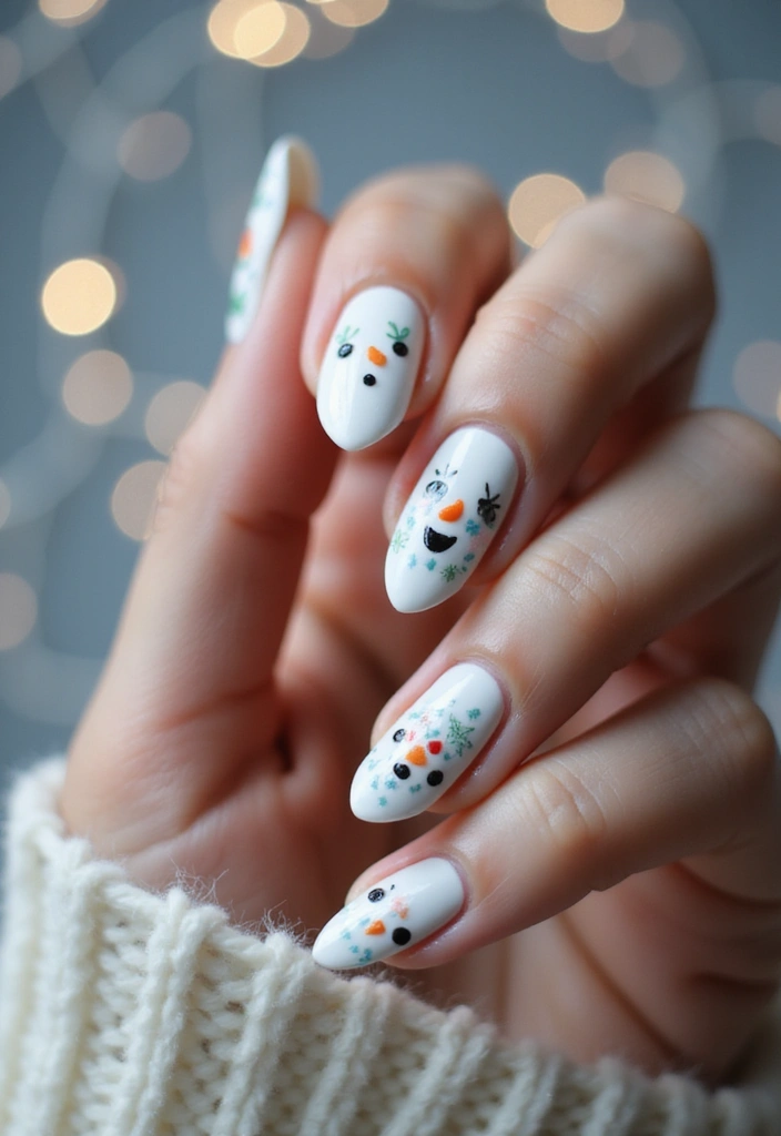 33 Metallic Snowstorm Manicures to Shine All Winter - 15. Crystal Snowman Design