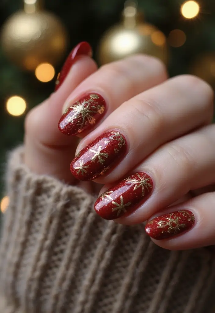 33 Metallic Snowstorm Manicures to Shine All Winter - 2. Glittering Gold Snowflakes