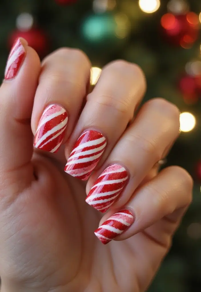 33 Metallic Snowstorm Manicures to Shine All Winter - 28. Twisted Candy Cane