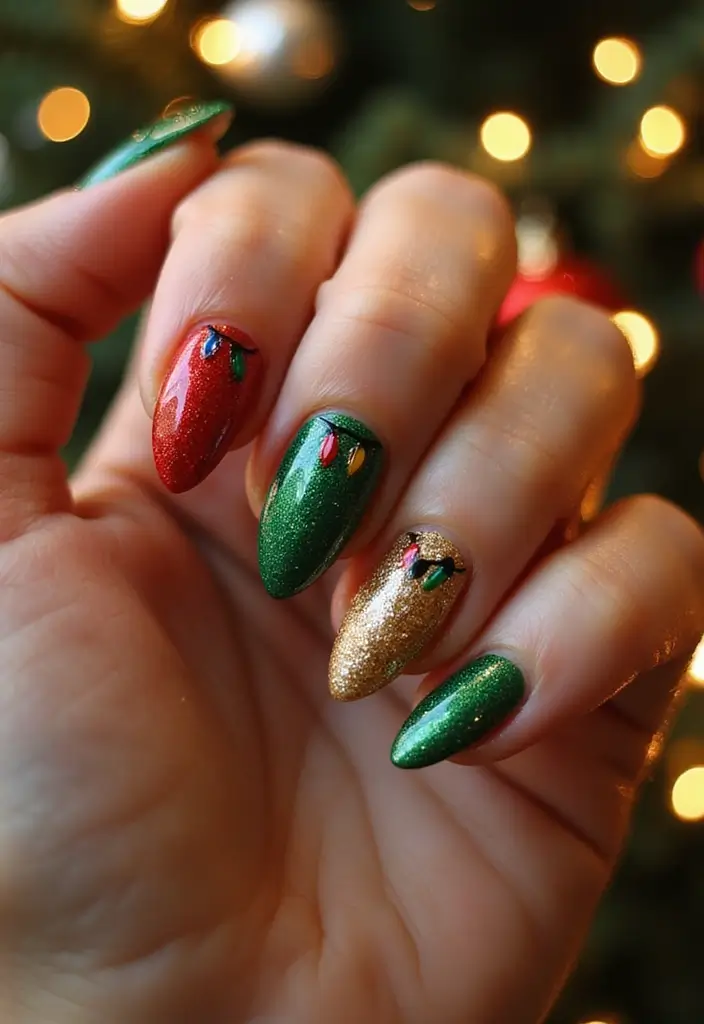 33 Metallic Snowstorm Manicures to Shine All Winter - 30. Bright Christmas Lights