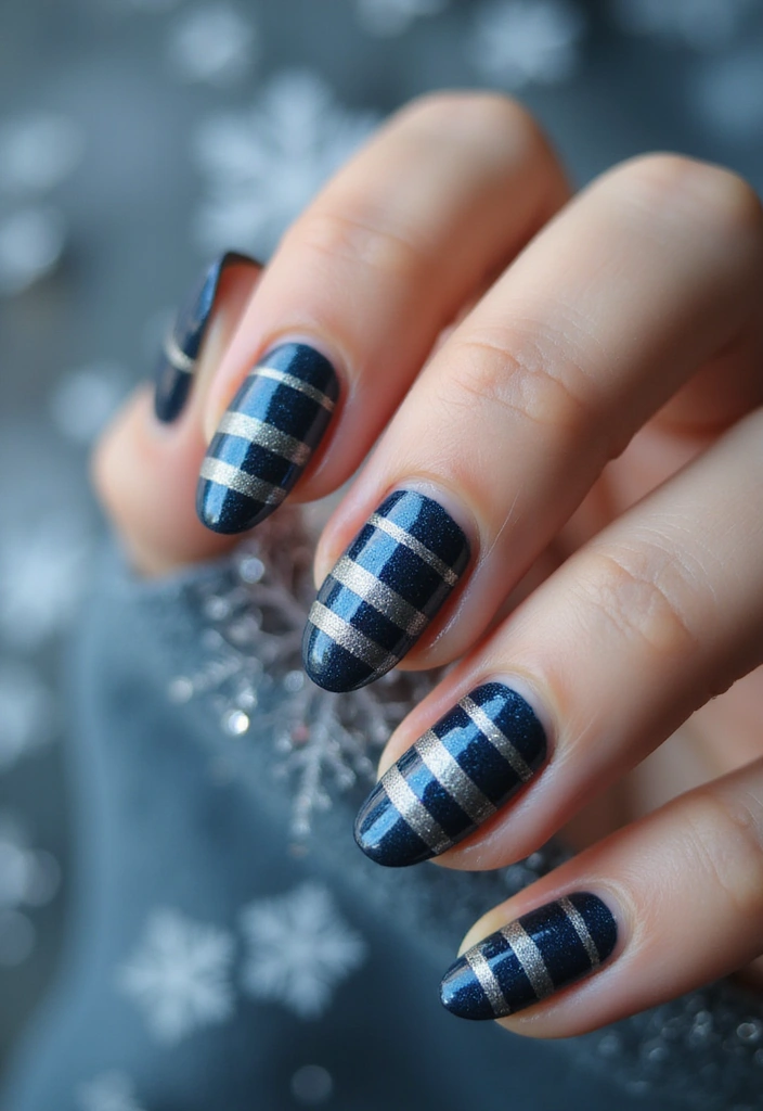 33 Metallic Snowstorm Manicures to Shine All Winter - 7. Reflective Silver and Blue Stripes