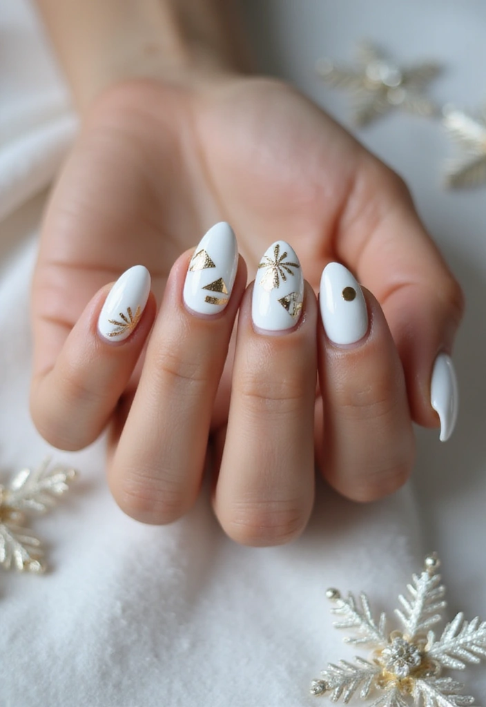 33 Metallic Snowstorm Manicures to Shine All Winter - 9. White and Gold Geometric