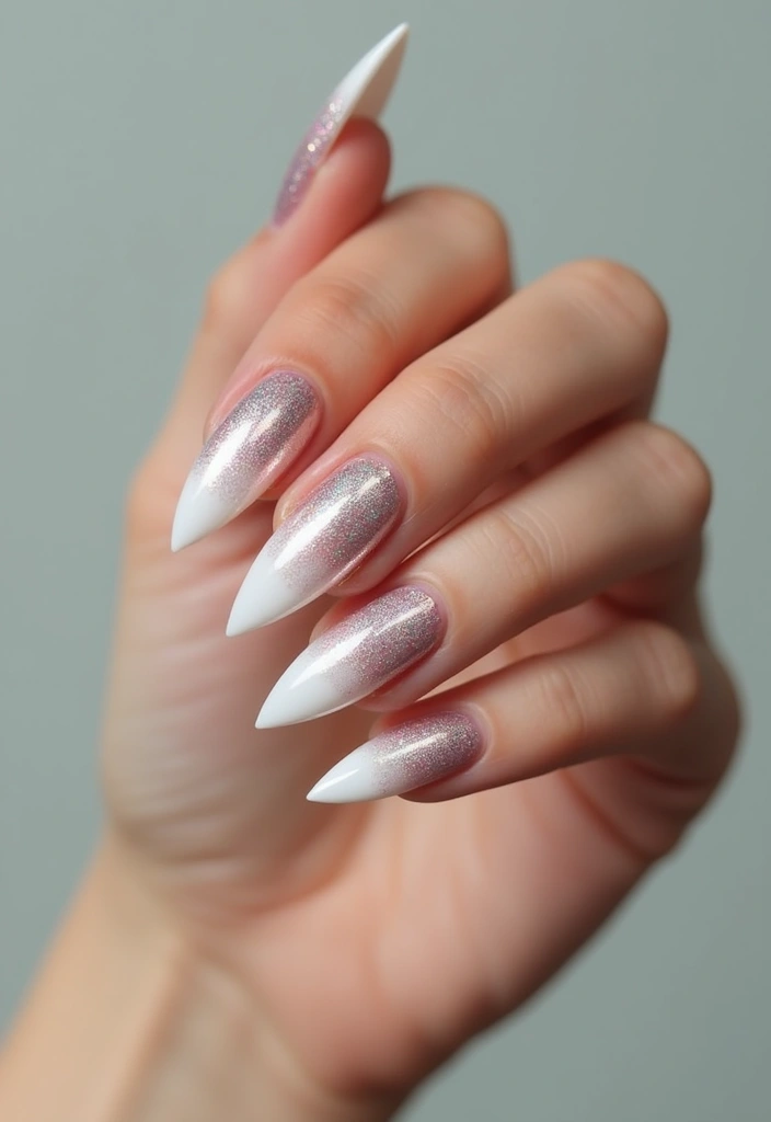 33 Stiletto Milky Fade Designs for Dramatic Nails - 12. Metallic Milky Fade
