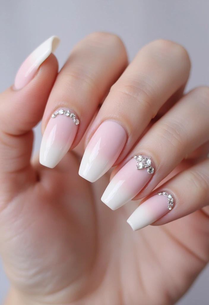 33 Stiletto Milky Fade Designs for Dramatic Nails - 14. Soft Gradient with Rhinestones