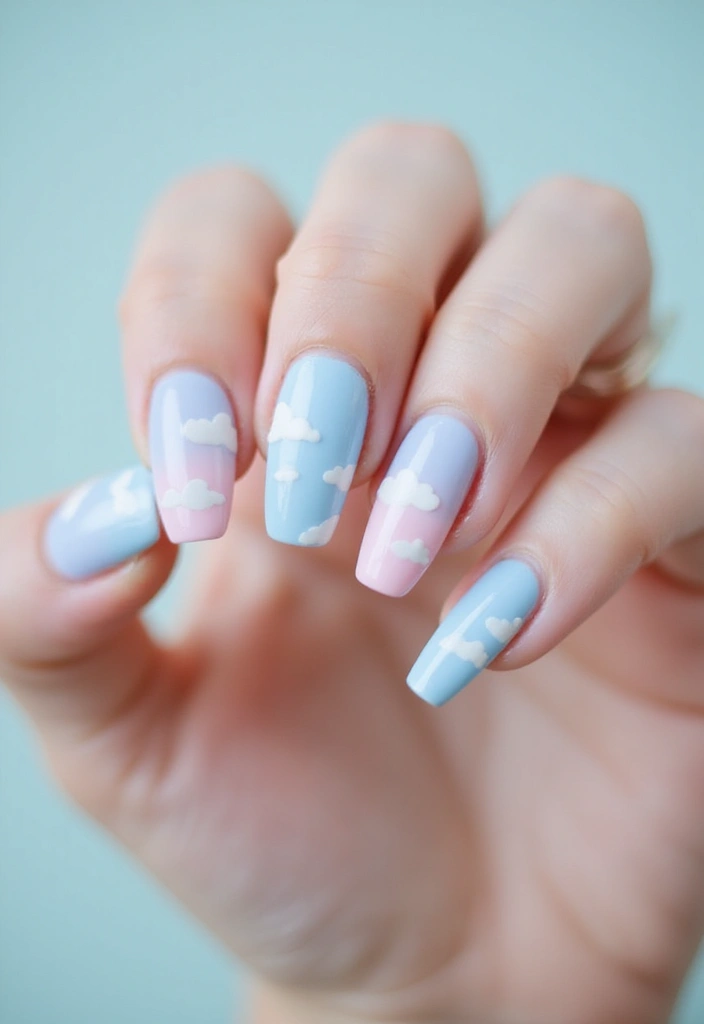 33 Stiletto Milky Fade Designs for Dramatic Nails - 26. Whimsical Clouds