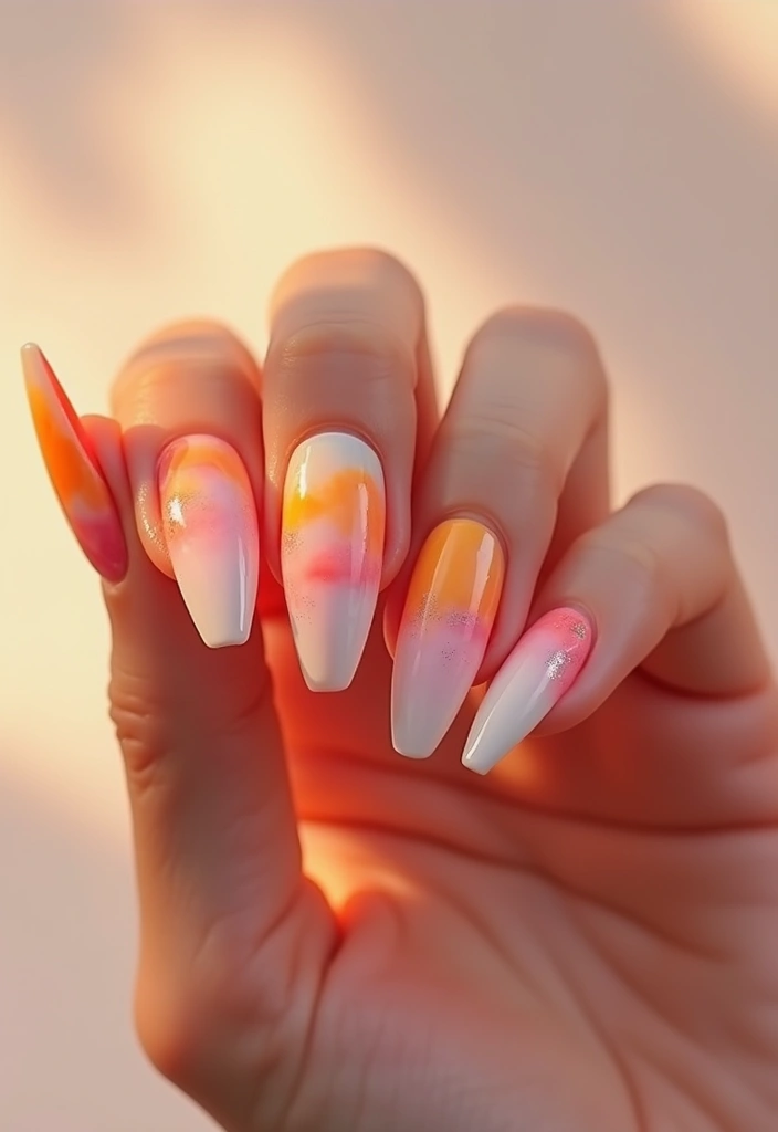 33 Stiletto Milky Fade Designs for Dramatic Nails - 29. Dreamy Sunset