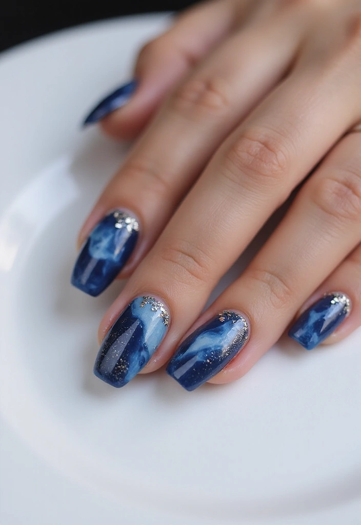 34 Ballerina Blue Chrome Nail Designs You’ll Love - 12. Blue Marble Glitter