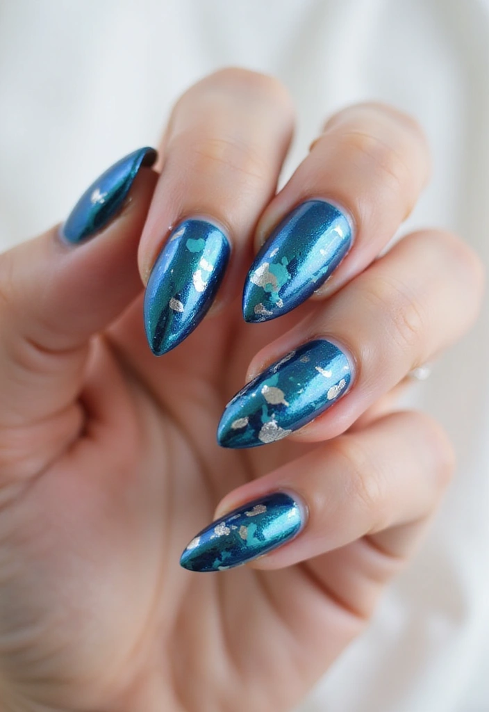 34 Ballerina Blue Chrome Nail Designs You’ll Love - 17. Blue Splatter Effect