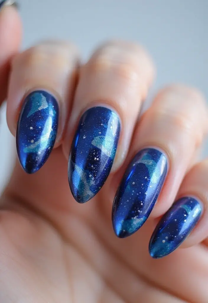 34 Ballerina Blue Chrome Nail Designs You’ll Love - 19. Twinkling Blue Galaxy