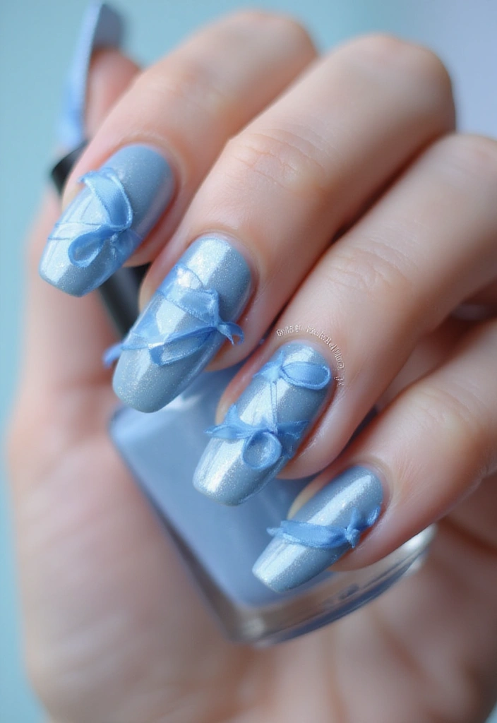 34 Ballerina Blue Chrome Nail Designs You’ll Love - 22. Blue Ribbon Details