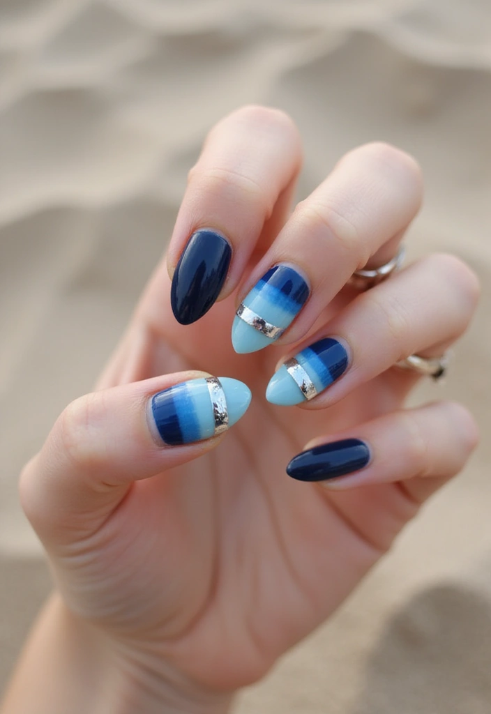 34 Ballerina Blue Chrome Nail Designs You’ll Love - 24. Nautical Blue Stripes