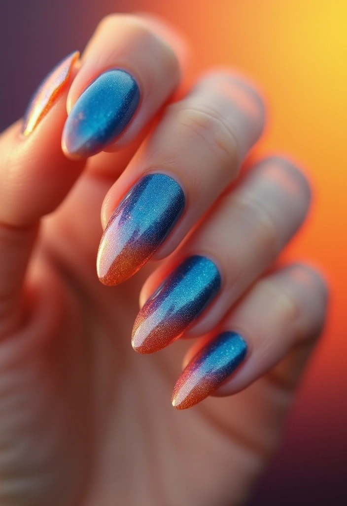 34 Ballerina Blue Chrome Nail Designs You’ll Love - 33. Sunset Blue Horizon