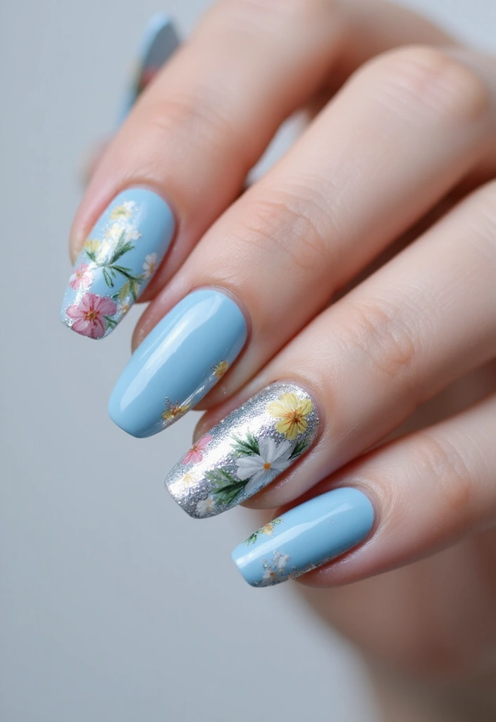 34 Ballerina Blue Chrome Nail Designs You’ll Love - 7. Floral Blue Charm
