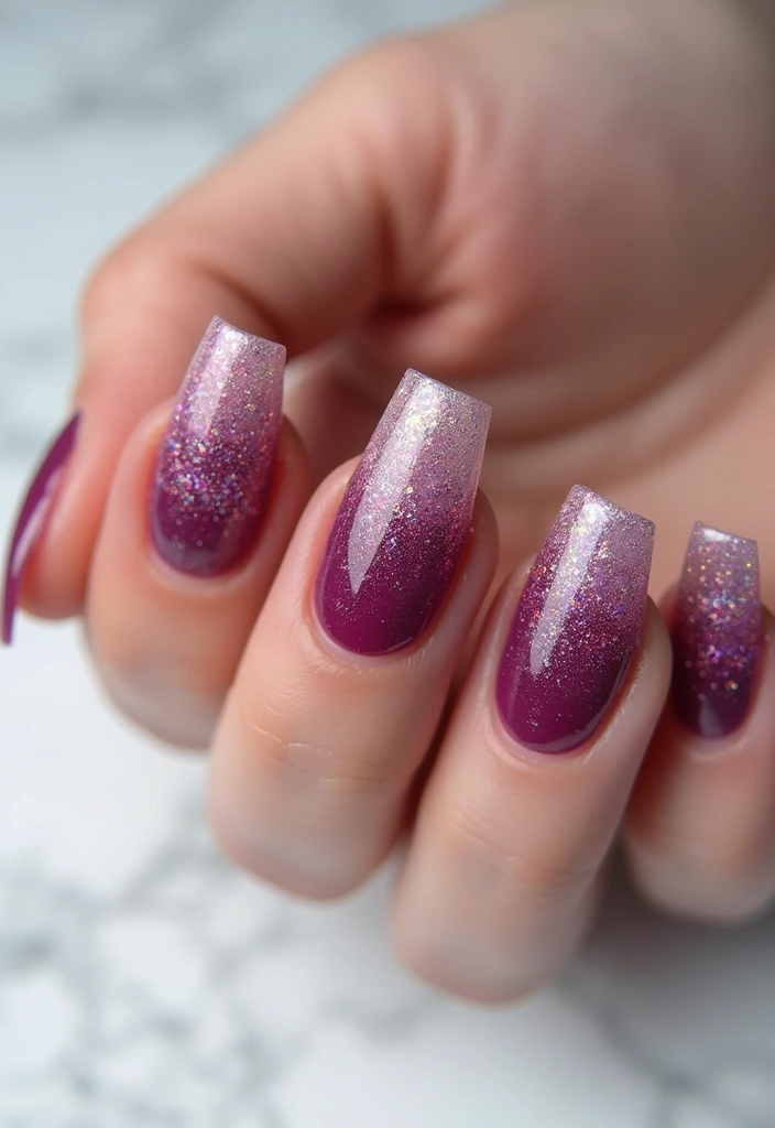 34 Sun-Kissed Ombre Nails for September Style - 12. Berry Ombre with Glitter