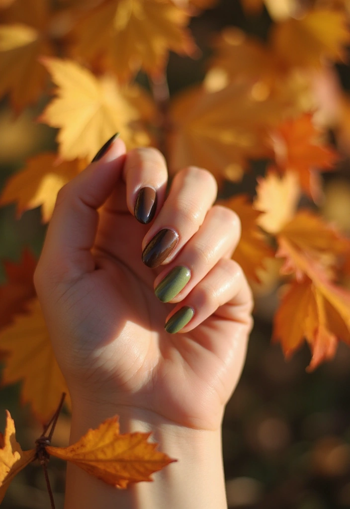 34 Sun-Kissed Ombre Nails for September Style - 21. Brown to Olive Ombre