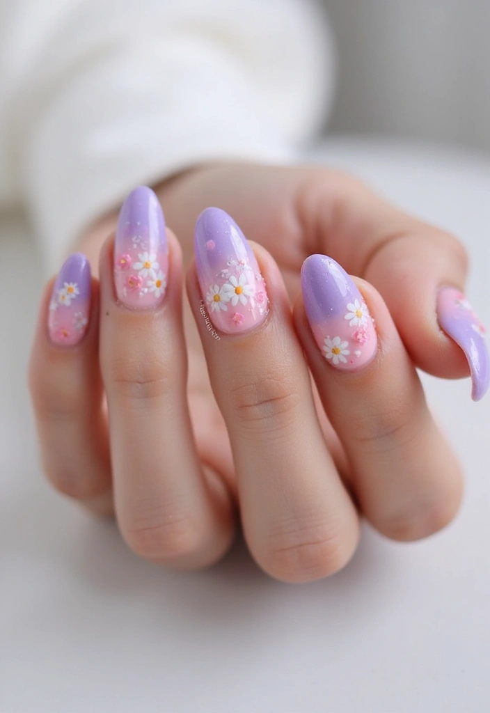 34 Sun-Kissed Ombre Nails for September Style - 9. Ombre with Floral Nail Art