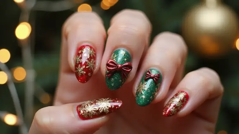 27 Festive Bow & Gold Accent Nails for Holidays