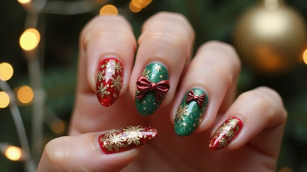 27 Festive Bow & Gold Accent Nails for Holidays